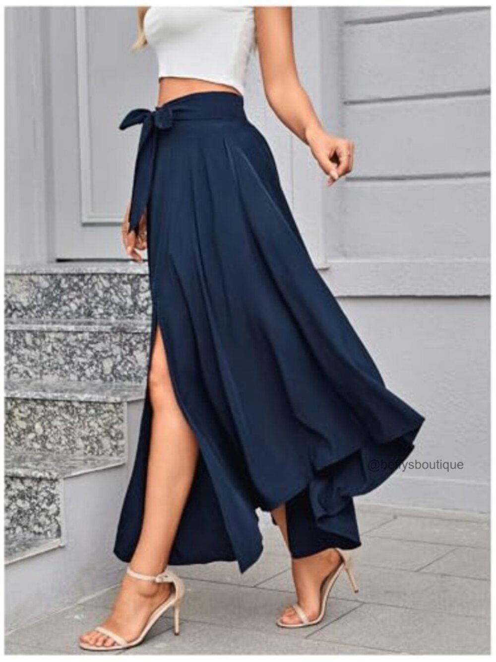 High Waist Flowy Maxi Skirt with Slit Business Casual - Picture 3 of 7